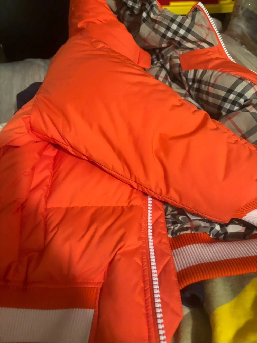Burberry Kids Orange Hooded Puffer Jacket with Stripe Hem